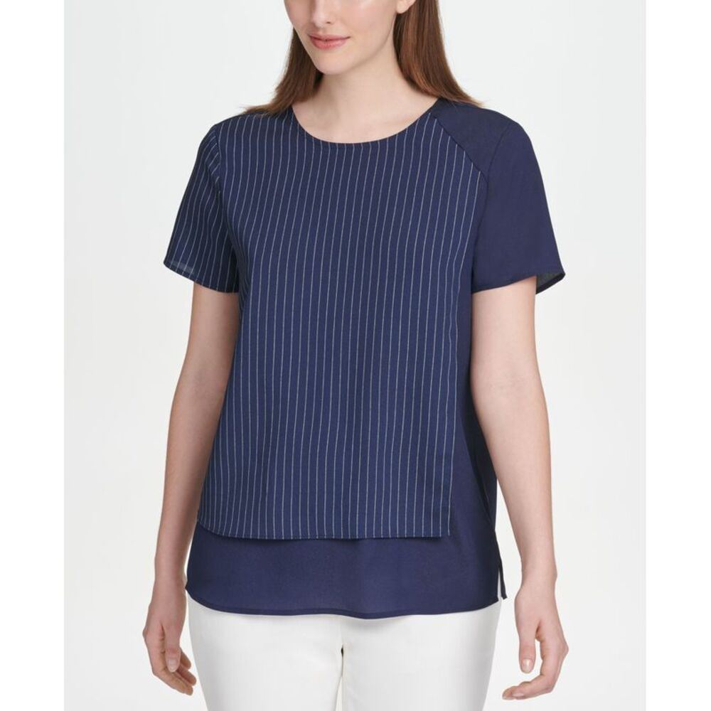 DKNY Striped Solid Crewneck Top